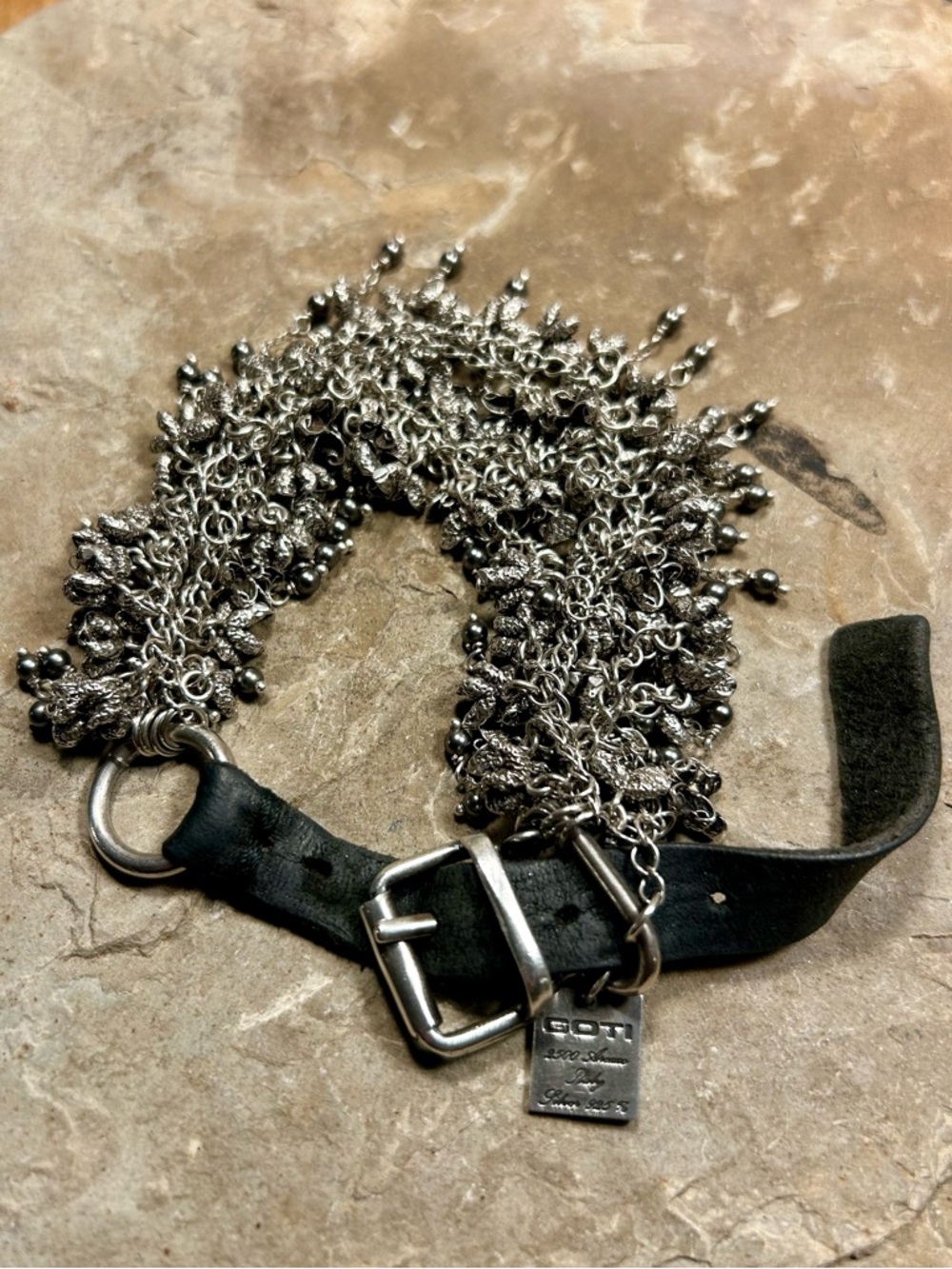 Black Leather and Sterling Silver Goti Statement Bracelet